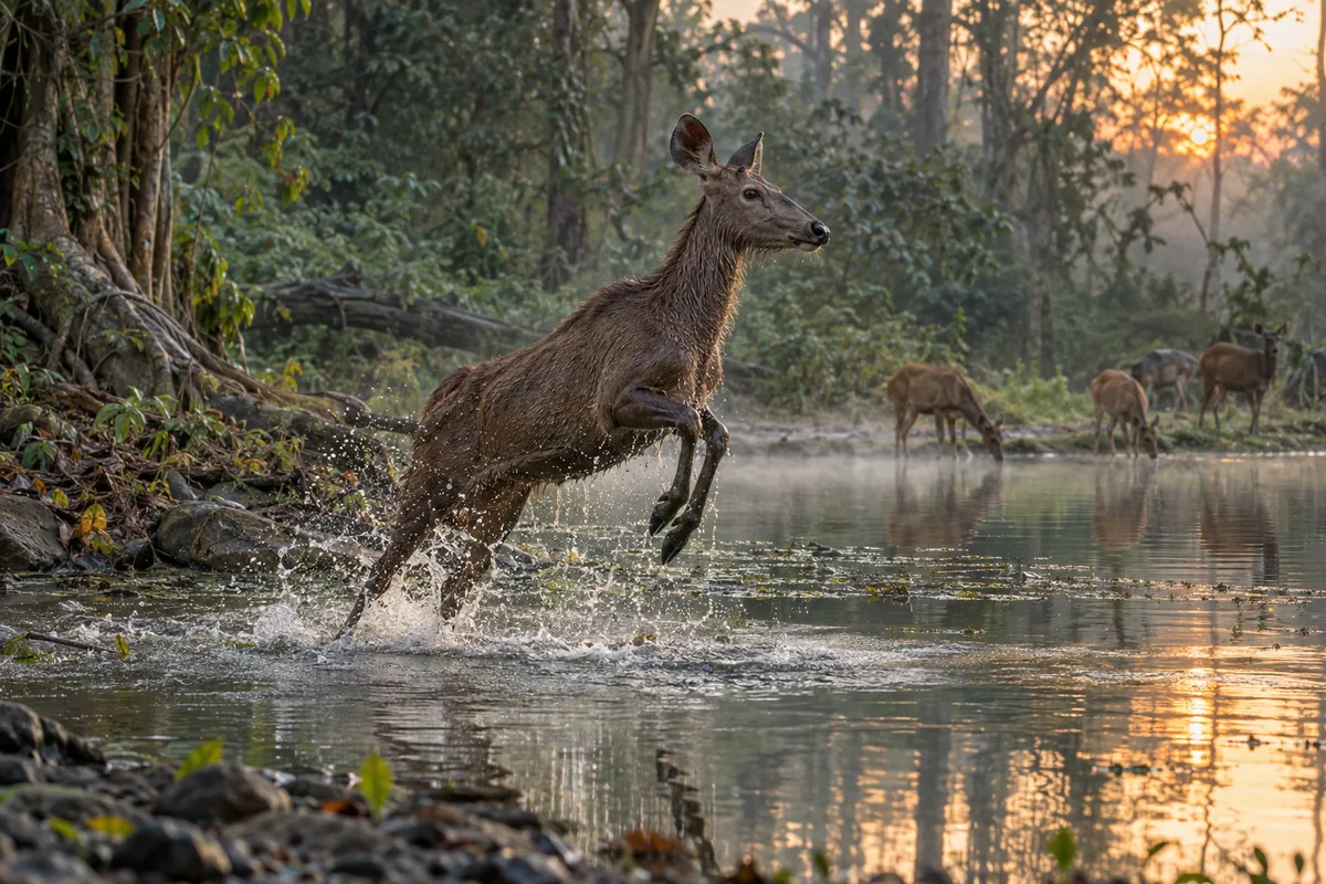 Eine Sambarhirschkuh springt im Morgengrauen spritzend aus einem Waldteich, während hinter ihr andere Hirsche trinken.