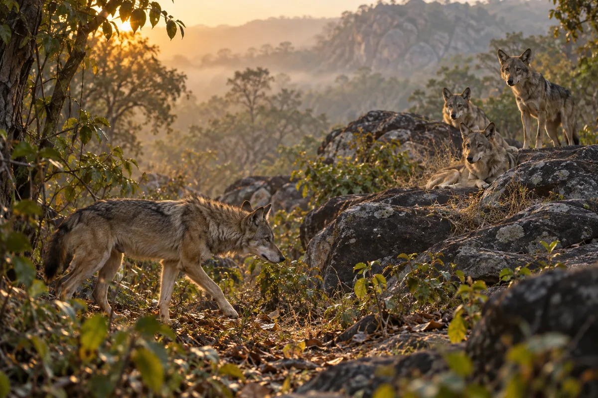Ein grauer Wolf schleicht im Morgenlicht durchs Unterholz zu drei Wölfen, die auf den Felsen warten.
