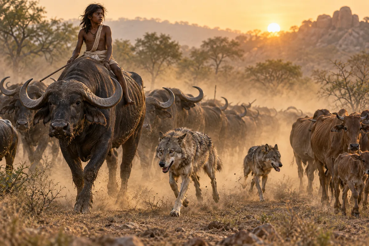 Mowgli reitet bei Sonnenaufgang auf einem riesigen Büffelbullen, während zwei graue Wölfe durch die staubige Herde laufen.