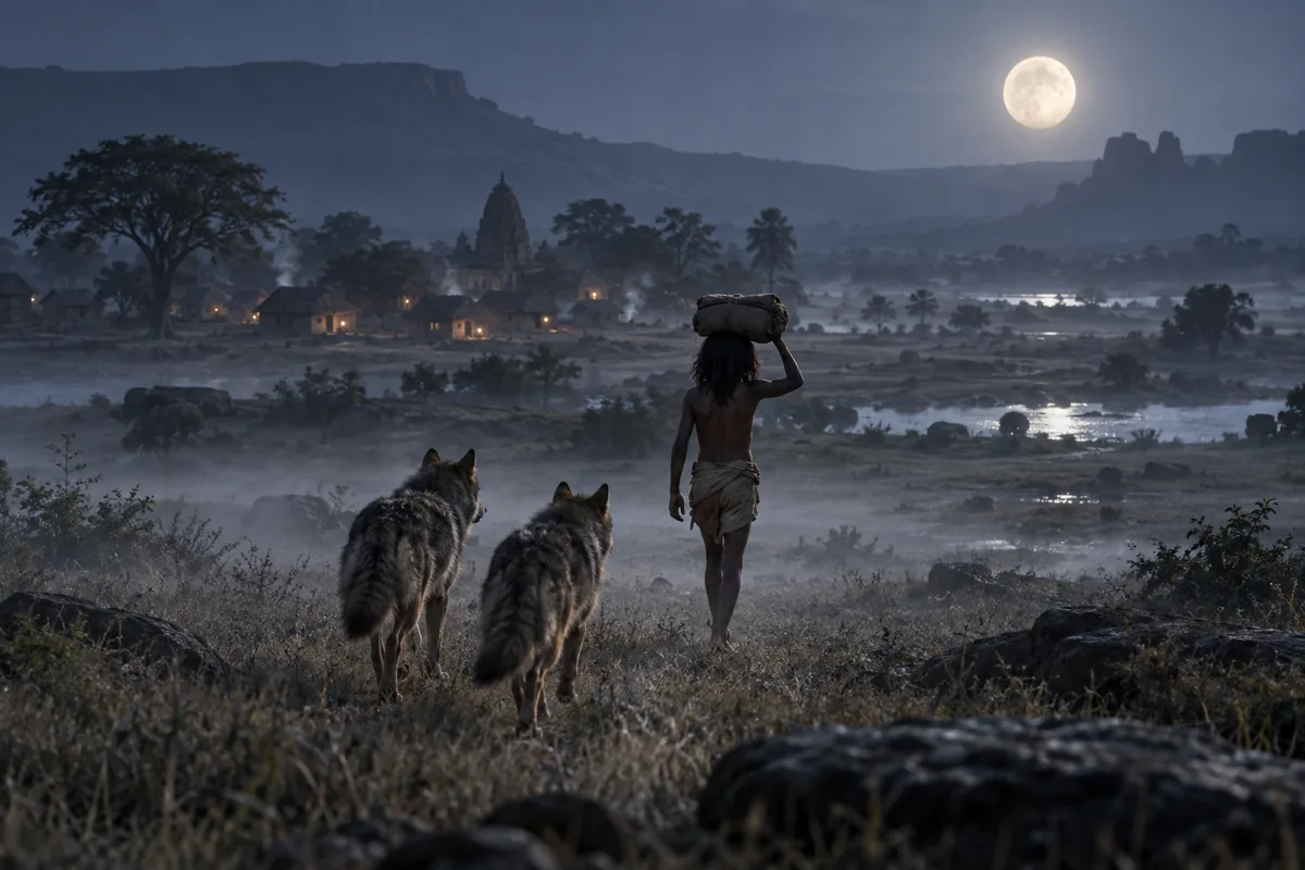 Unter dem aufgehenden Mond geht Mowgli mit einem Bündel auf dem Kopf und zwei Wölfen an den Fersen über die neblige Ebene.