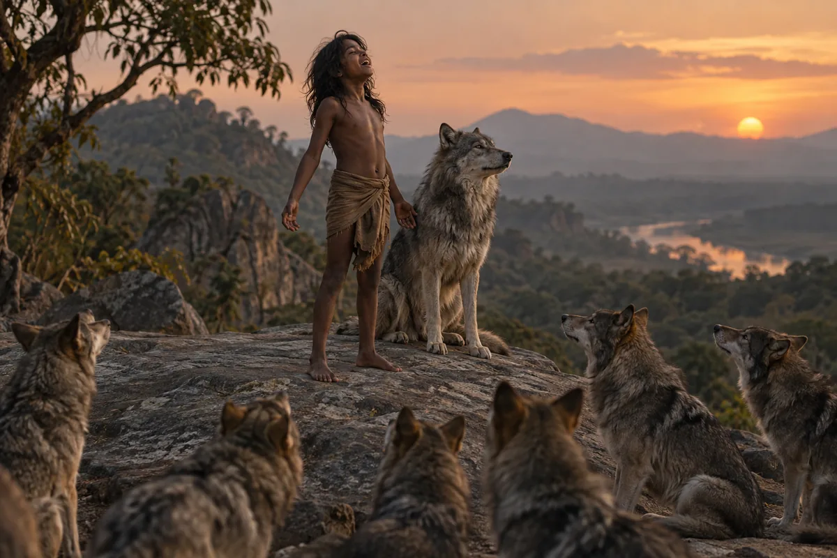 Mowgli singt bei Sonnenuntergang auf dem Ratsfelsen, während ein Kreis von Wölfen zu ihm aufblickt.