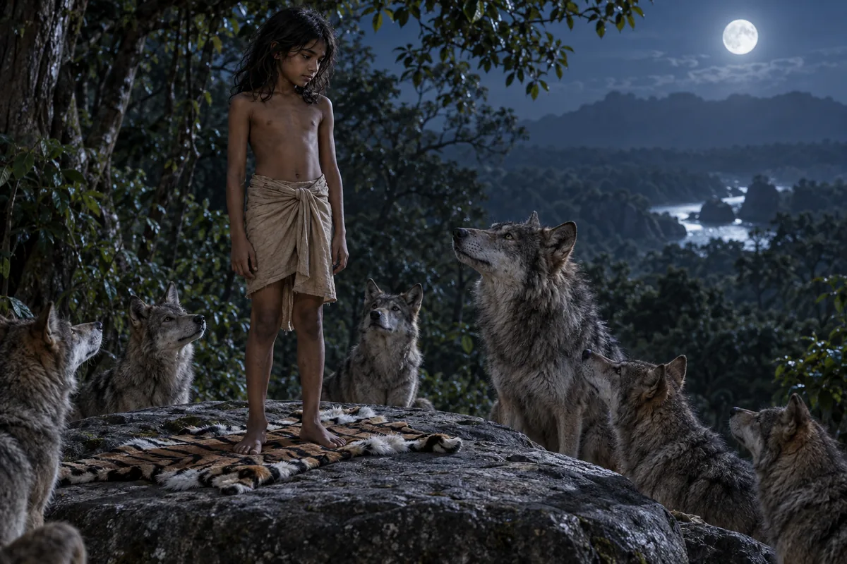 Unter dem Vollmond steht Mowgli nachdenklich auf einem gestreiften Tigerfell auf dem Ratsfelsen, umringt von Wölfen.