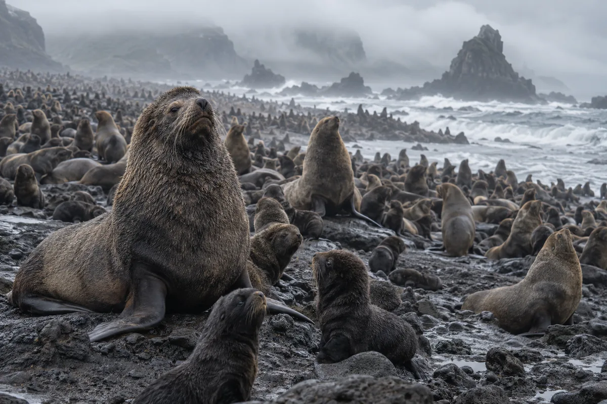 Ein überfüllter felsiger Strand voller Pelzrobben unter grauem Nebel und Brandung.