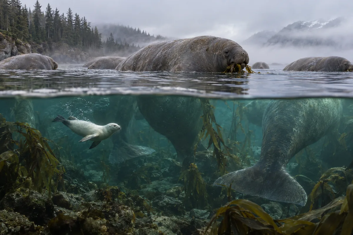 Kotick schwimmt unter Wasser neben riesigen Seekühen, die im flachen Wasser Seetang fressen.