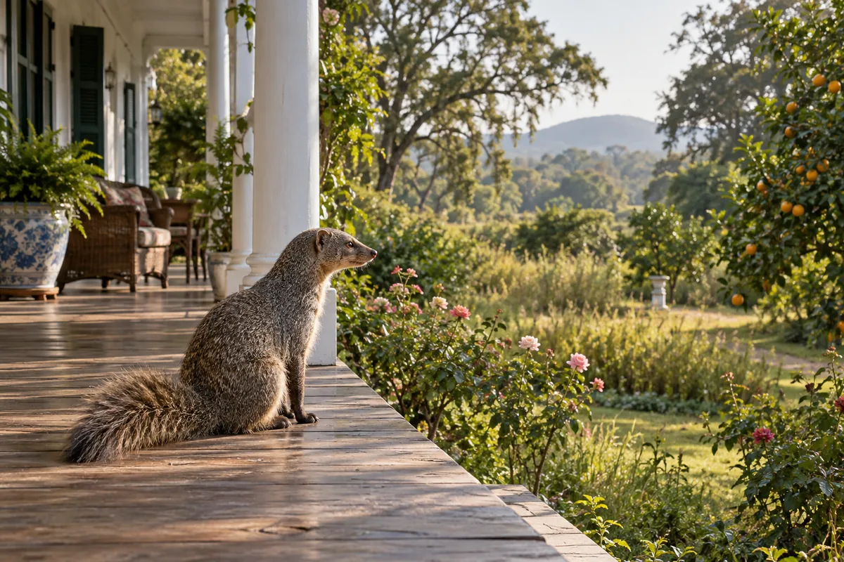 Ein Indischer Mungo sitzt auf der sonnigen Veranda eines weißen Bungalows und blickt über einen großen Garten.