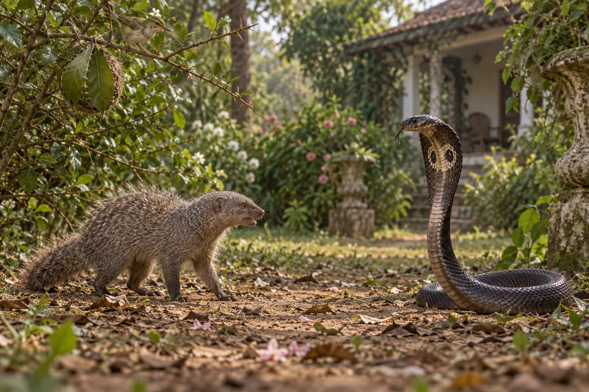 Rikki-tikki-tavi steht Nag gegenüber, einer Kobra mit gespreiztem Nackenschild, während Darzee aus seinem Blätternest im Dornbusch zuschaut.