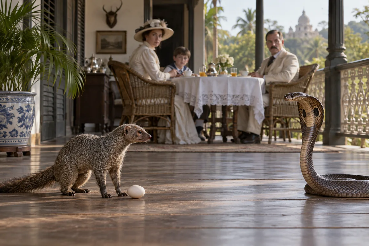 Auf der Veranda steht Rikki-tikki-tavi neben einem Schlangenei, Nagaina wendet sich ihm zu, und die Familie sitzt starr am Frühstückstisch.
