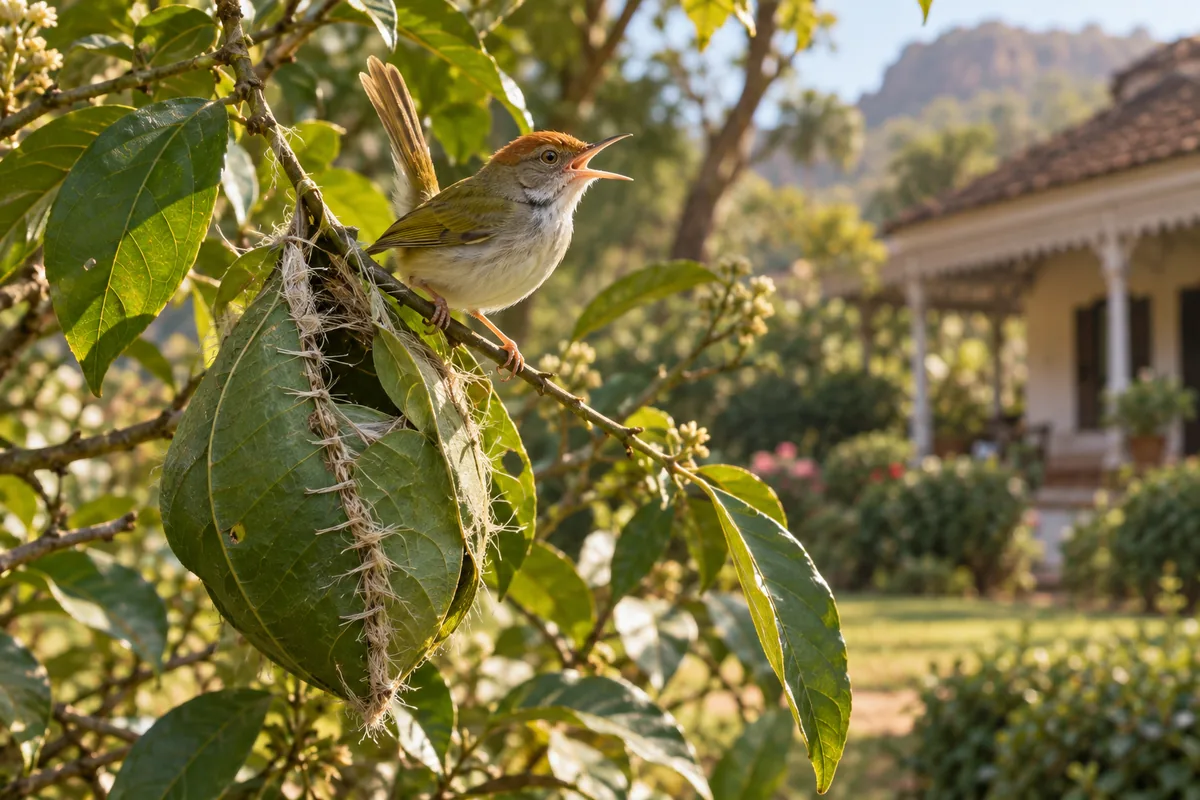 Ein Schneidervogel singt auf einem Zweig neben seinem Nest aus zusammengenähten Blättern, im Hintergrund ein Bungalow.