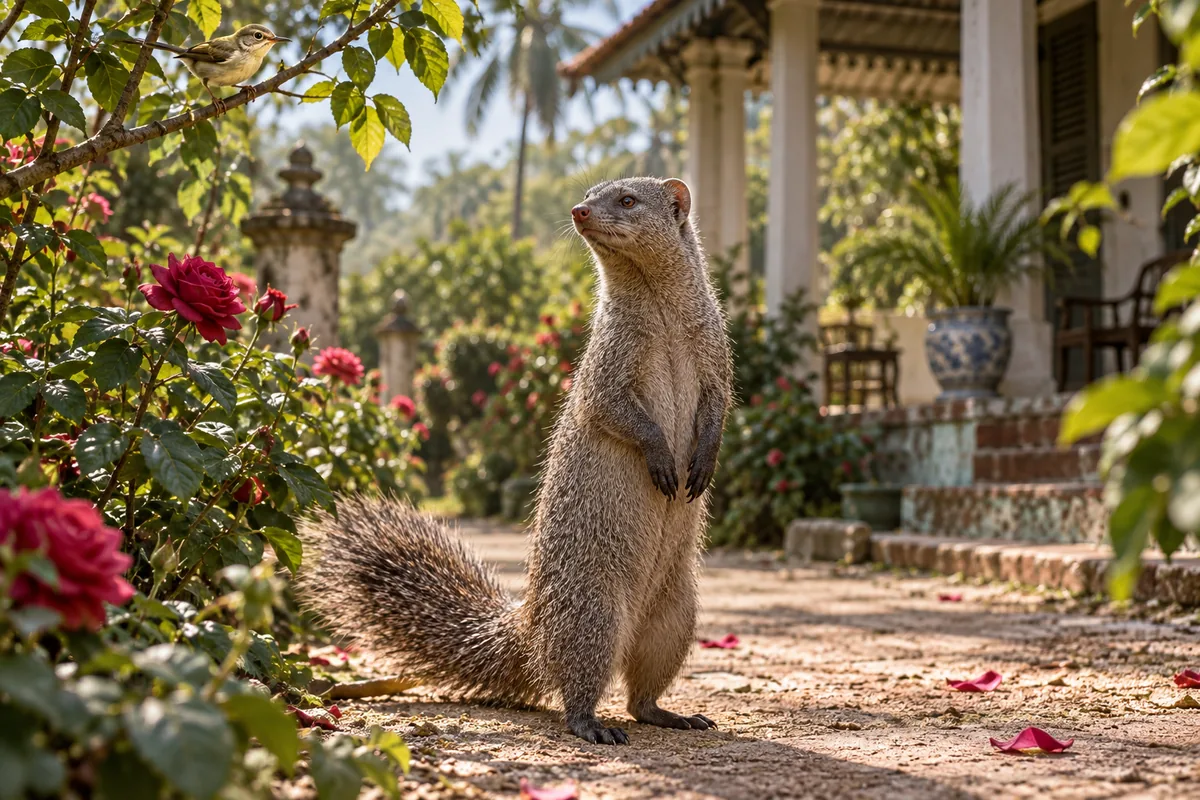 Rikki-tikki-tavi steht aufrecht auf einem Gartenweg bei roten Rosen, während ein Schneidervogel von einem Zweig zusieht.
