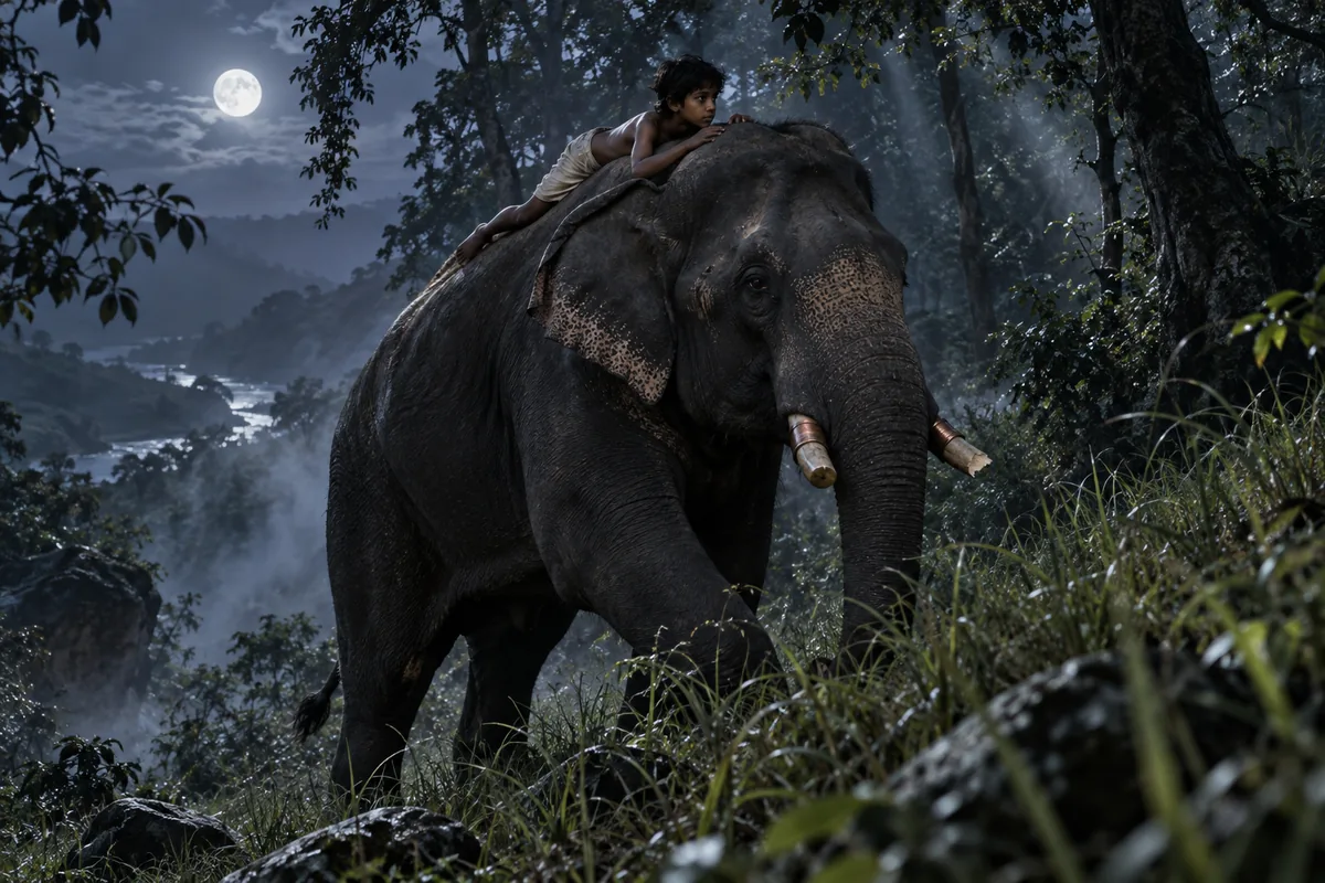 Der kleine Toomai liegt flach auf Kala Nags Nacken, während der Elefant durch mondbeschienenes Gras und Dschungel hinaufsteigt.