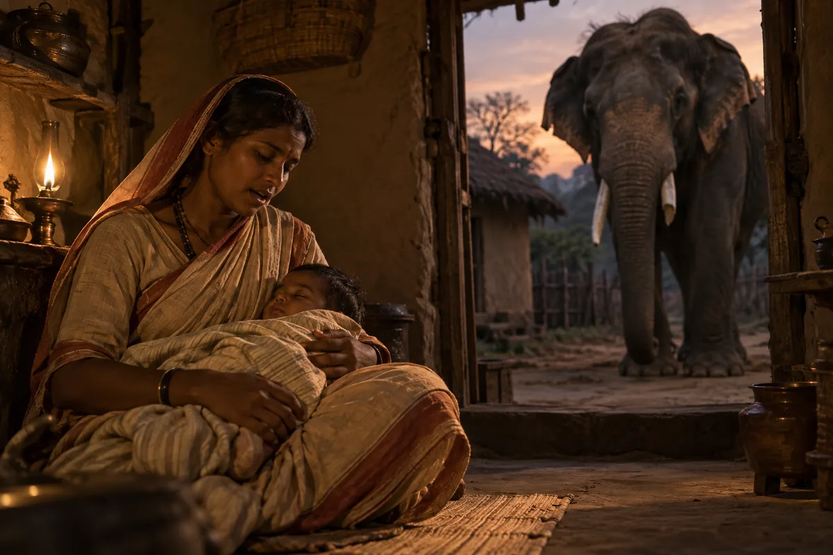 Eine Dorfmutter im Sari singt im Lampenlicht ihrem schlafenden Baby vor, während draußen vor der Hütte ein alter Elefant steht.