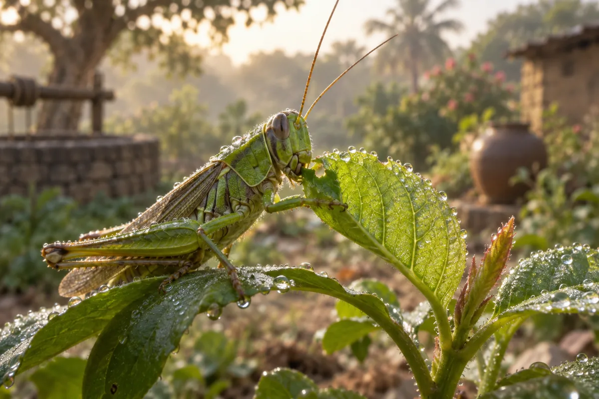 Ein kleiner grüner Grashüpfer knabbert in einem Dorfgarten an einem frischen, taunassen Blatt.