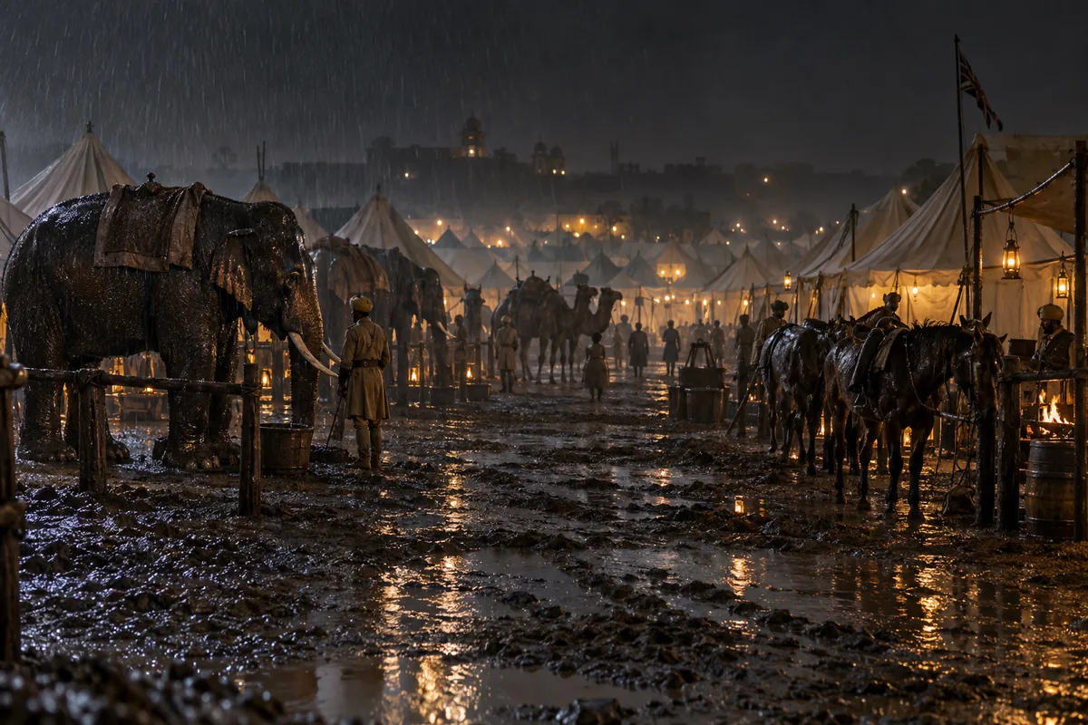 Ein riesiges Armeelager bei Nacht im strömenden Regen, mit Zelten, Elefanten, Kamelen und Pferden im Schlamm.