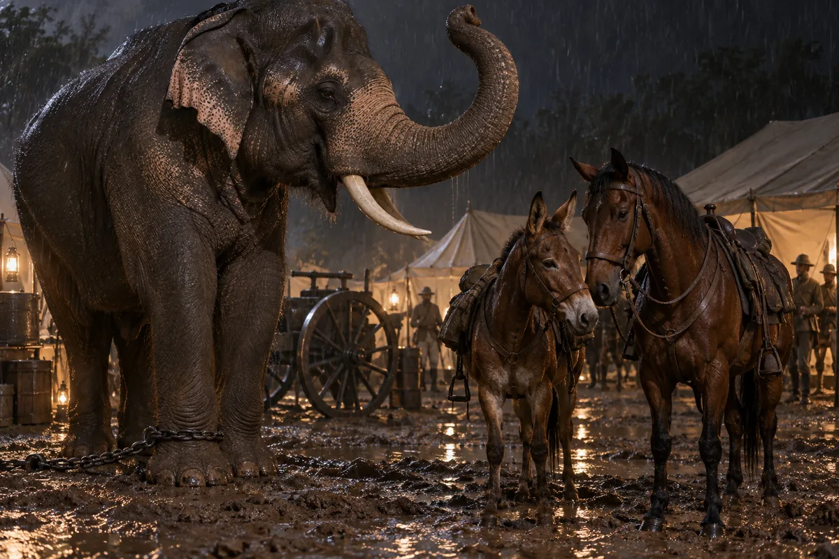 Ein angeketteter Elefant mit erhobenem Rüssel blickt auf ein Maultier und ein Kavalleriepferd hinab, die im Regen dicht beieinanderstehen.