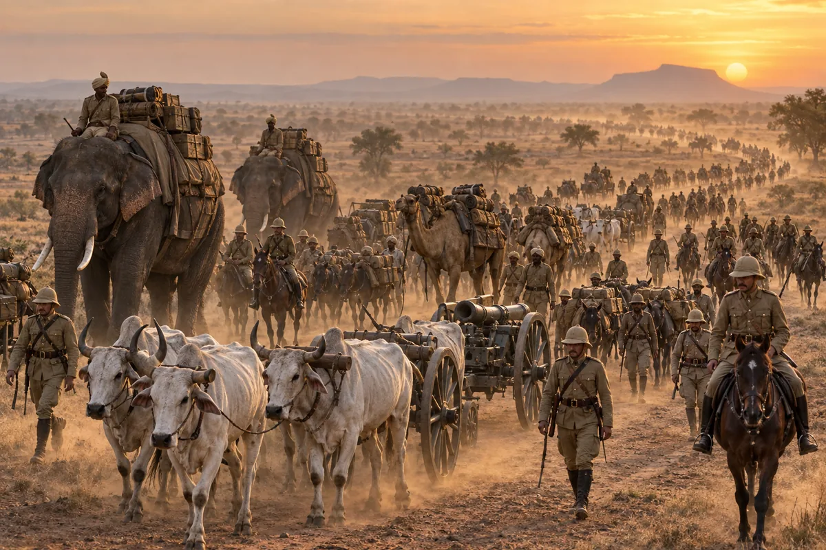 Elefanten, Kamele, Maultiere, Pferde und weiße Ochsen marschieren bei Sonnenuntergang mit Soldaten über eine Ebene.