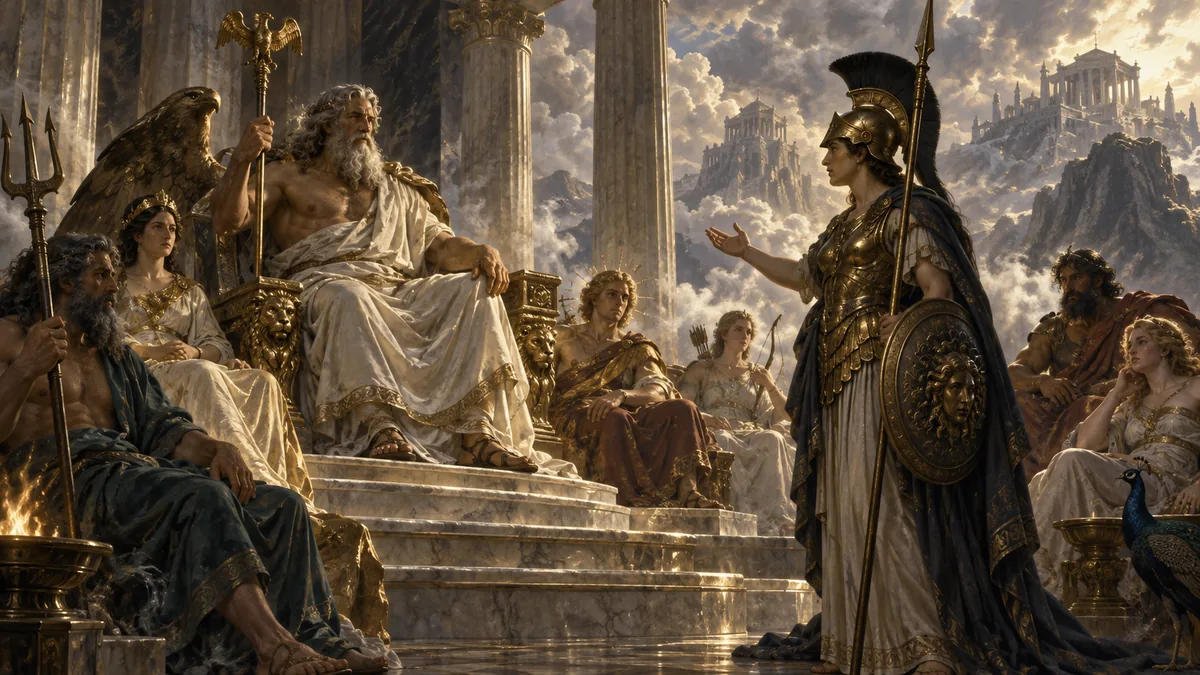The gods sit in council in a cloud-wreathed marble hall as armoured Athena, spear and aegis in hand, pleads before enthroned Zeus.