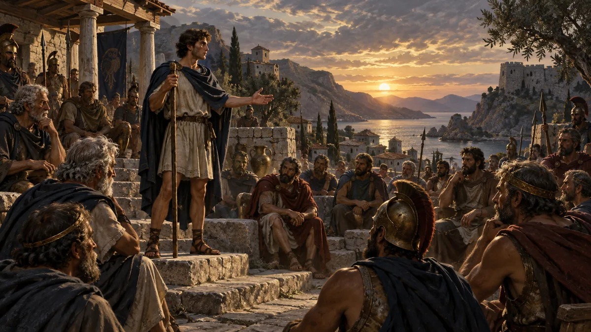 A young man stands with a staff on stone steps addressing a seated crowd of elders and nobles at an open-air Ithacan assembly by the sea.