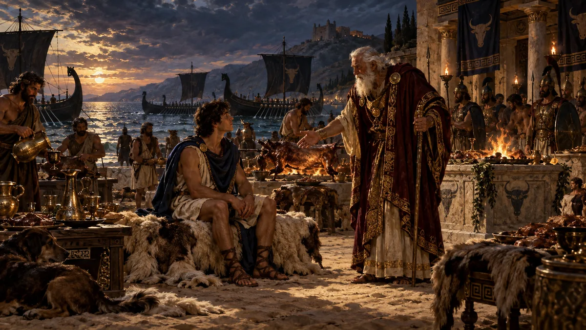 An aged white-bearded king welcomes a young traveller at a sacrificial shore feast beside black ships drawn up on the beach at Pylos.