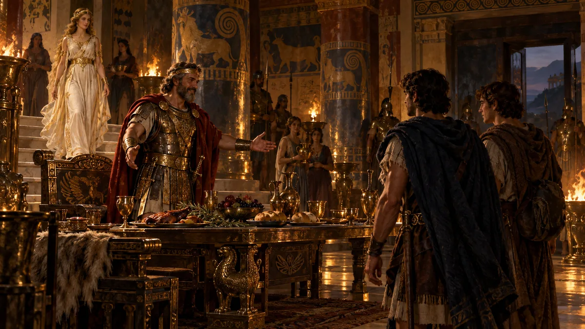 In a gold-and-bronze palace hall a mature warrior-king rises to greet two young travellers as a beautiful queen descends the stairs.