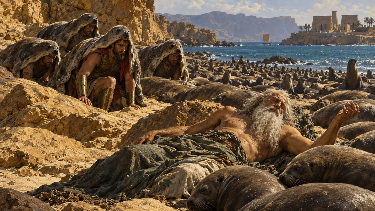 An old white-bearded sea-god sleeps among a great herd of seals on a sunlit rocky shore while men disguised under sealskins crouch nearby.