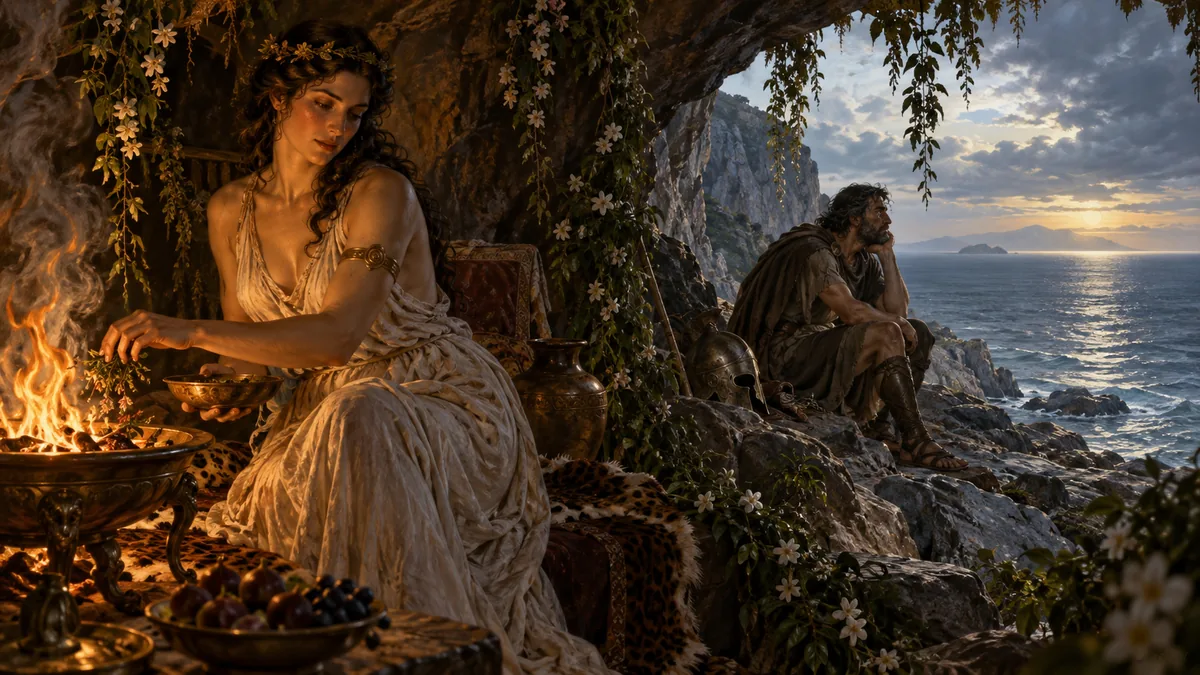 A beautiful nymph tends a fire in a vine-hung cave while a weathered bearded man sits on the rocky shore gazing sorrowfully out to sea.