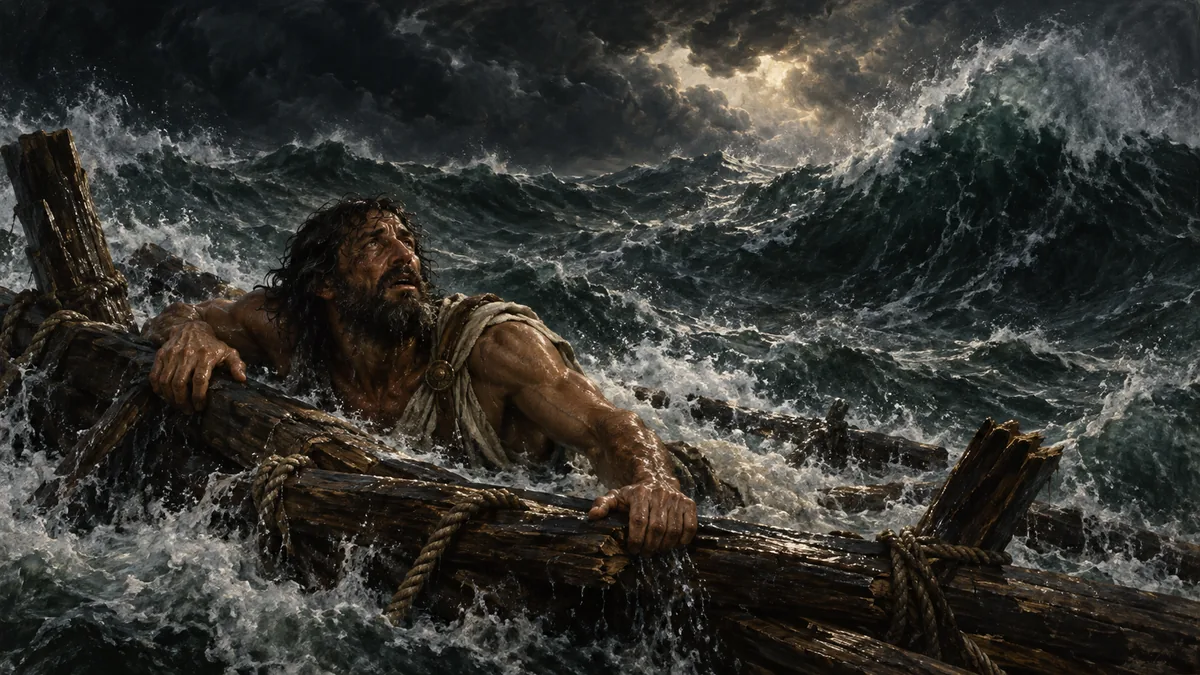 A bearded man clings to the shattered timbers of a wrecked raft amid towering black waves and lashing spray under a wrathful storm sky.