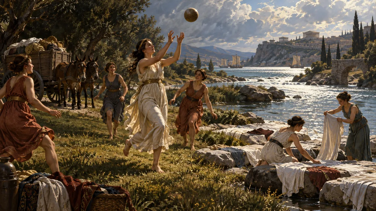 A young princess and her maids play ball and spread fresh-washed clothes to dry by a bright river mouth near the sea, a mule waggon nearby.