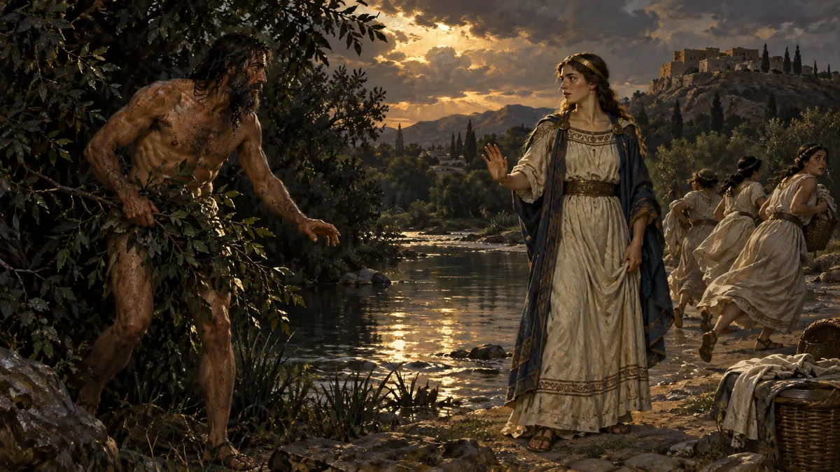 A weathered shipwrecked man holding a leafy bough steps warily from the bushes toward a princess who stands her ground as her maids flee.