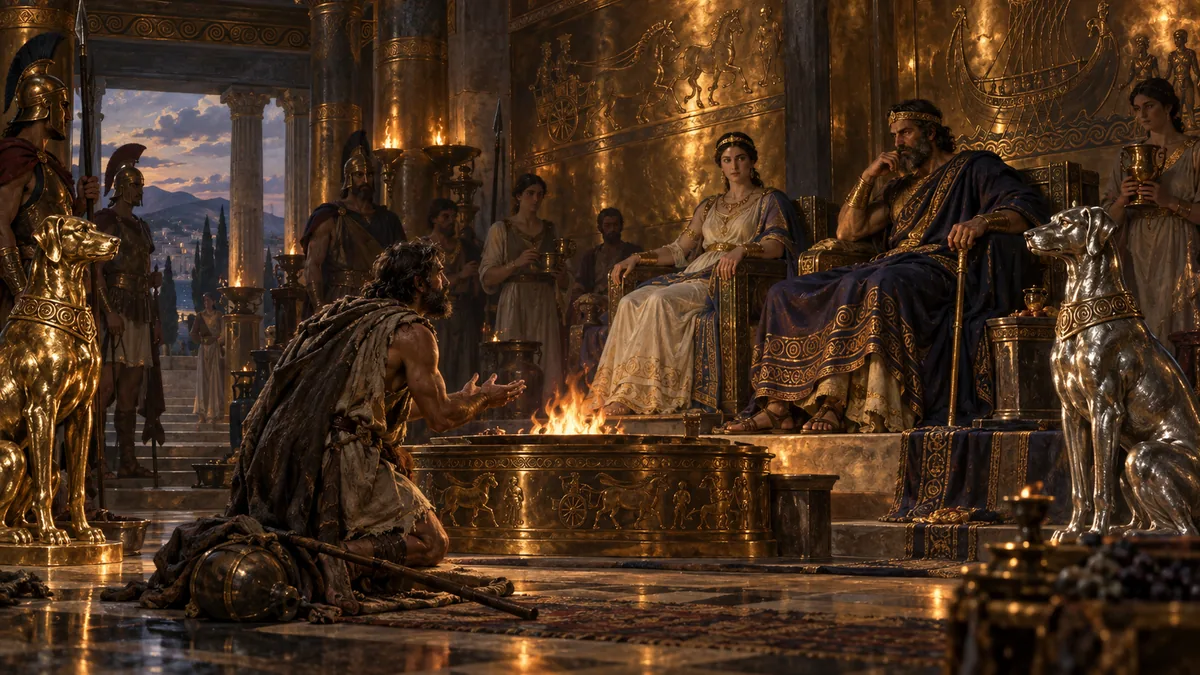 A travel-worn man kneels in supplication at the great hearth before an enthroned king and queen in a gleaming bronze hall flanked by gold and silver dog statues.