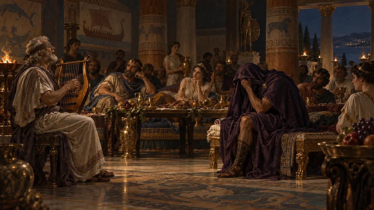 A blind bard plays a lyre and sings at a palace banquet while a seated man draws his purple mantle over his head to hide his weeping face.
