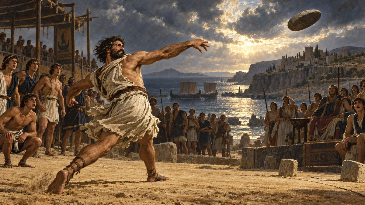 A powerful bearded man hurls a great stone discus far through the air as a crowd of astonished young athletes and spectators watch by the sea.