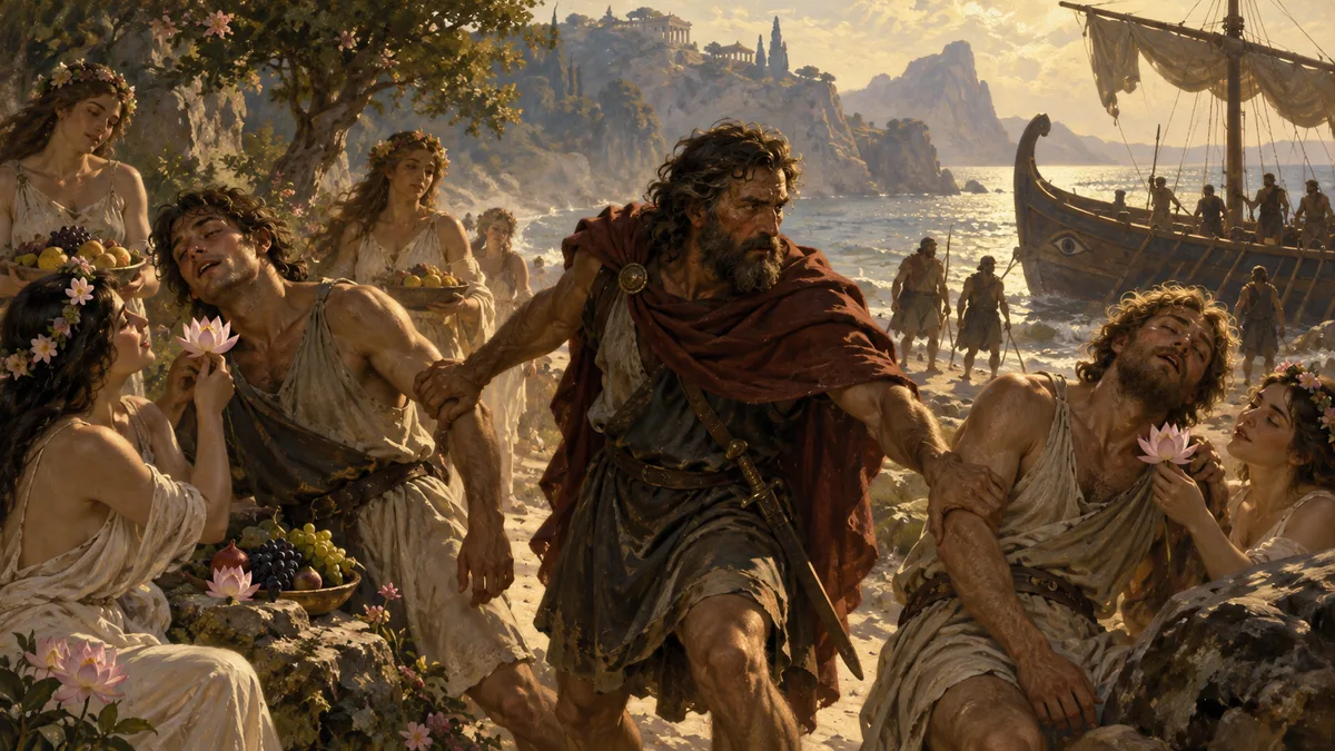 Ulysses drags his dazed companions away from the shore of the Lotus-eaters, where women offer lotus flowers and fruit, back toward the waiting ship.