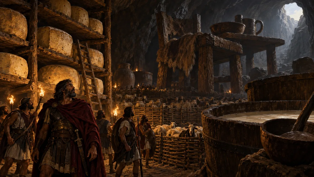 Ulysses and his men explore the Cyclops's torch-lit cave, crowded with racks of cheeses, pens of sheep and great pails of milk.