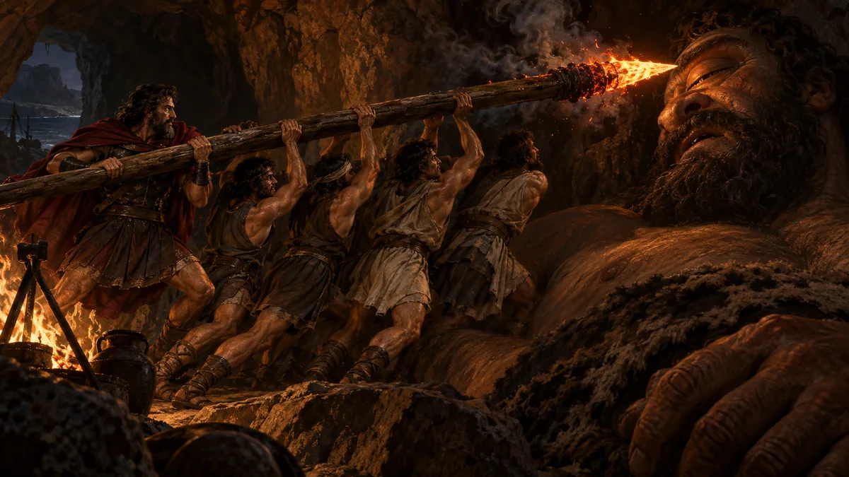 Ulysses and four men drive a glowing sharpened stake into the single eye of the sleeping giant Polyphemus.