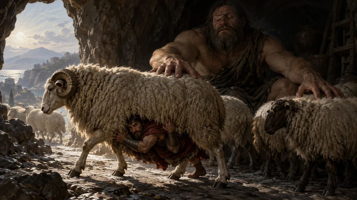 Ulysses clings hidden beneath a great ram as the blinded Cyclops feels the animals' backs at the cave mouth.