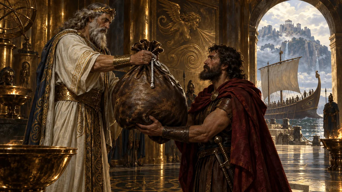 In his gleaming golden hall King Aeolus hands Ulysses the great leather bag that holds the imprisoned winds, his ship waiting beyond the arch.
