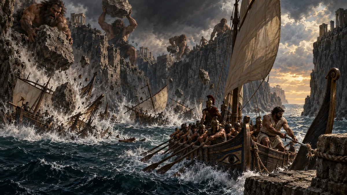 Giant Laestrygonians on the cliffs hurl huge boulders down onto the Greek ships in the harbour as one vessel rows desperately to escape.