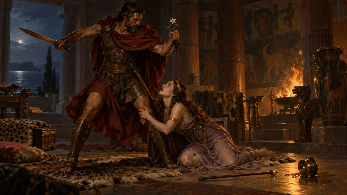 Ulysses rushes with drawn sword upon Circe, who kneels and holds up a flower to plead, the moly herb protecting him from her magic.