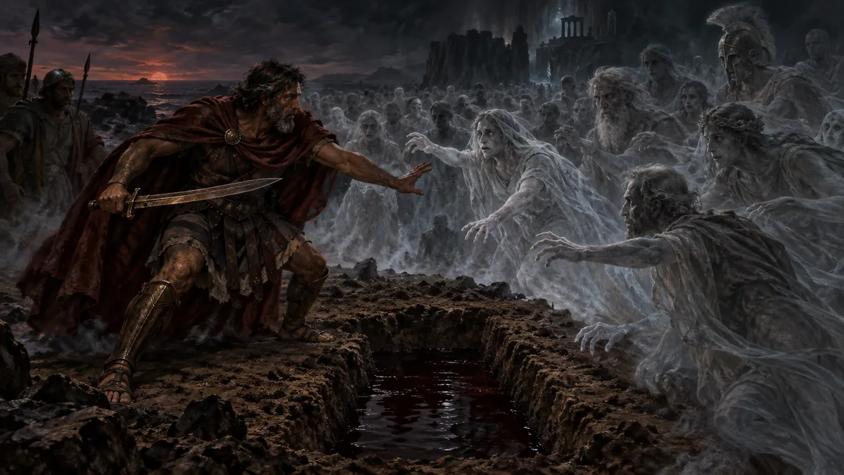 Sword in hand, Ulysses crouches over a trench of dark blood at the edge of the underworld while a crowd of pale ghosts presses toward him.