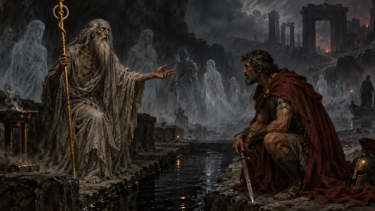 The blind prophet Tiresias, holding a golden sceptre, speaks to the seated Ulysses among the misty shades of the dead.