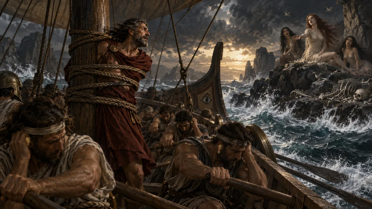 Ulysses stands lashed to the mast, straining toward the singing Sirens on their bone-strewn rock, while his crew row on with wax-stopped ears.
