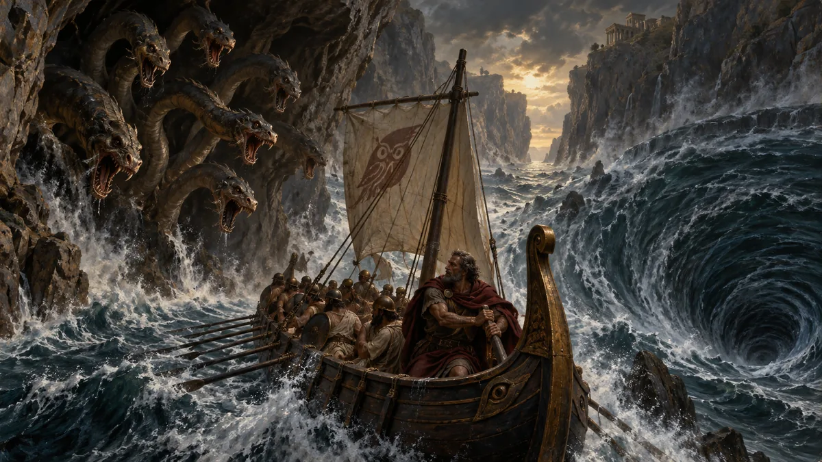 Ulysses's ship threads the narrow strait between the many-headed monster Scylla on one cliff and the roaring whirlpool of Charybdis on the other.