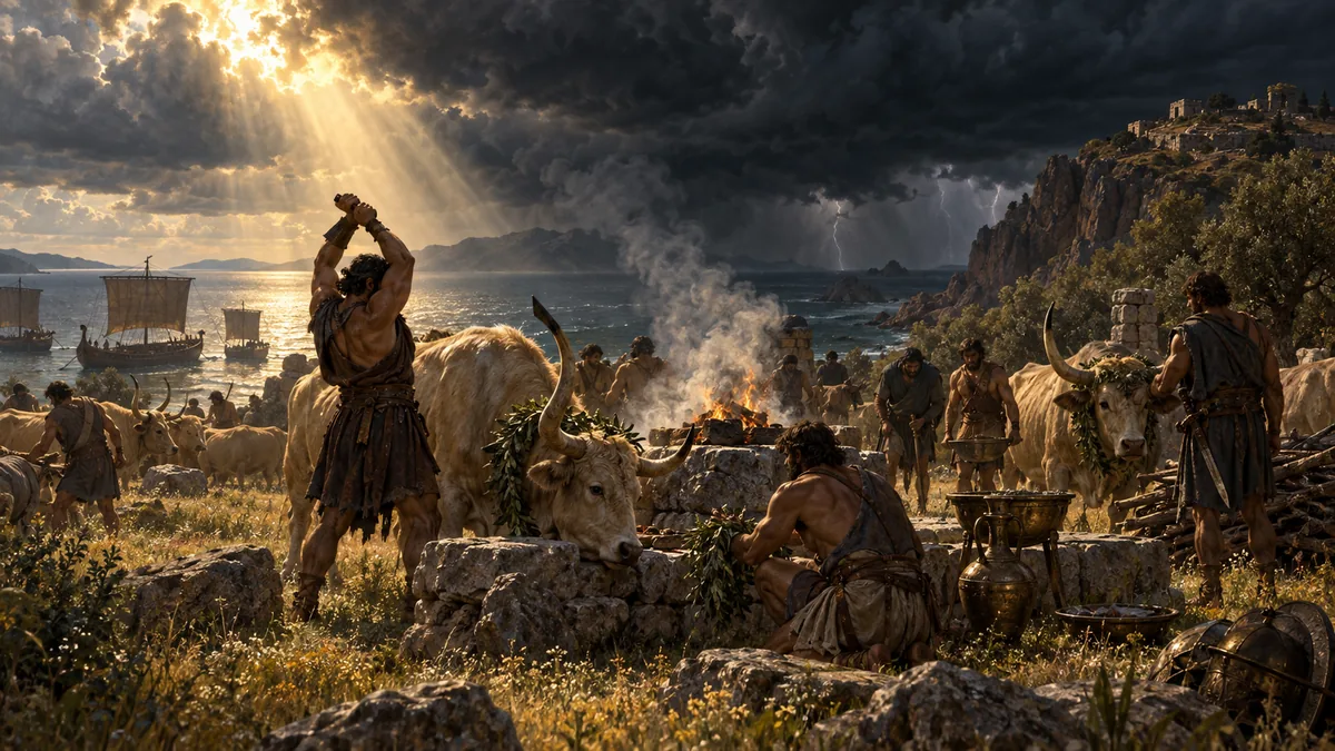 Under a storm-darkened sky Ulysses's starving men slaughter the forbidden golden cattle of the Sun-god on the shore.