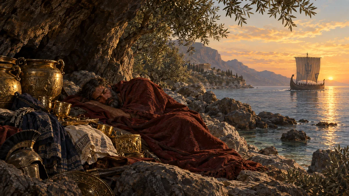 Ulysses sleeps on the shore of Ithaca beside his heaped Phaeacian treasure as the ship that brought him sails away at sunset.
