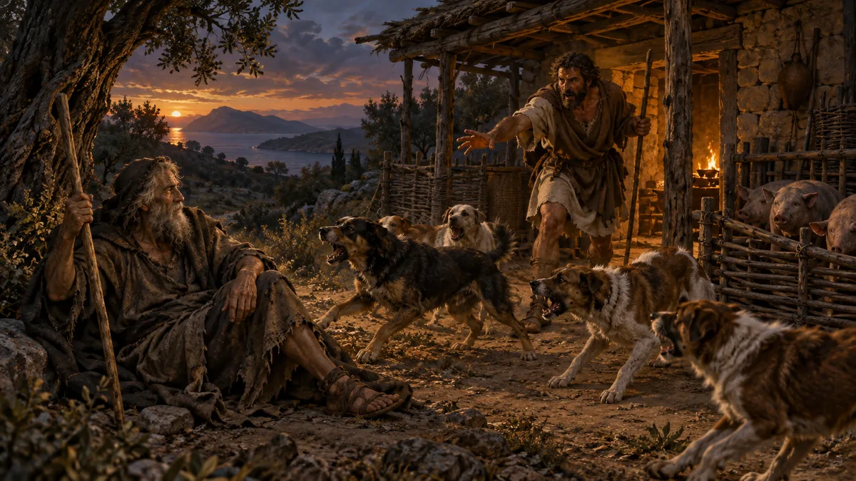 The swineherd Eumaeus hurries to call off his barking dogs from the ragged disguised Ulysses seated beneath a tree by the pig-pens.