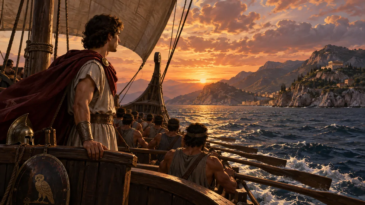Young Telemachus stands at the prow of his ship, an owl-blazoned shield beside him, as his crew rows homeward past the coast at sunset.
