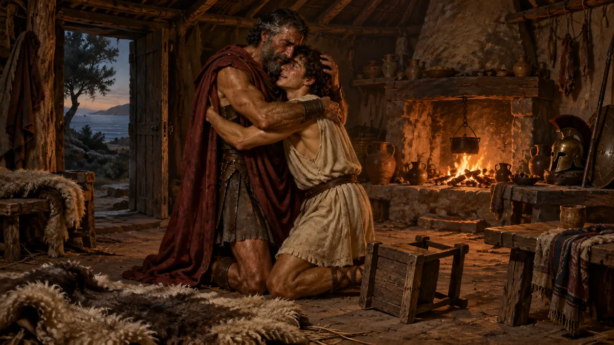 In the swineherd's firelit hut Ulysses, no longer disguised, embraces his kneeling son Telemachus with tears.