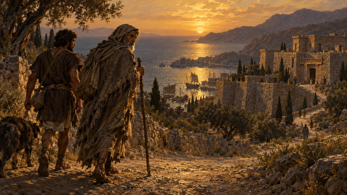 Ulysses, disguised as a ragged old beggar leaning on a staff, walks with the swineherd Eumaeus down a dusty road toward the coastal town of Ithaca at sunset.