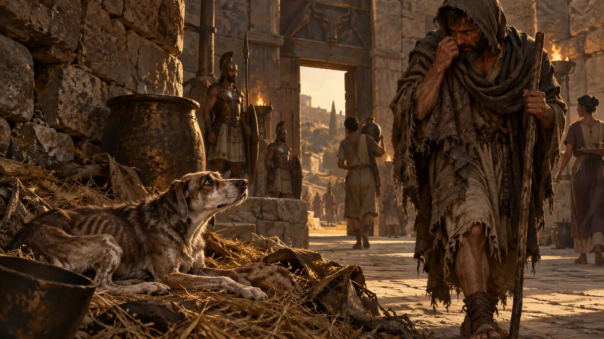 The old, neglected dog Argos lifts his head from a heap and recognises his master as the ragged beggar Ulysses passes by, secretly wiping away a tear.