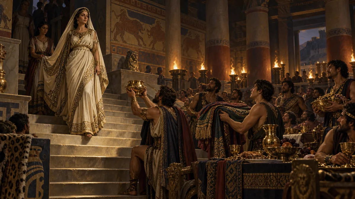 Penelope, a dignified veiled woman, descends the palace staircase into the torchlit hall while the suitors rise and offer her rich gifts of gold and fine robes.